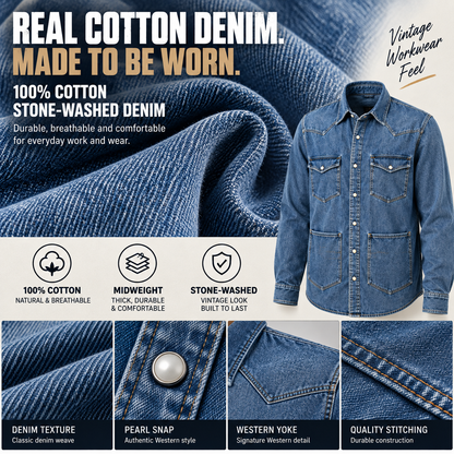 100% cotton stone-washed denim texture and Western shirt material details