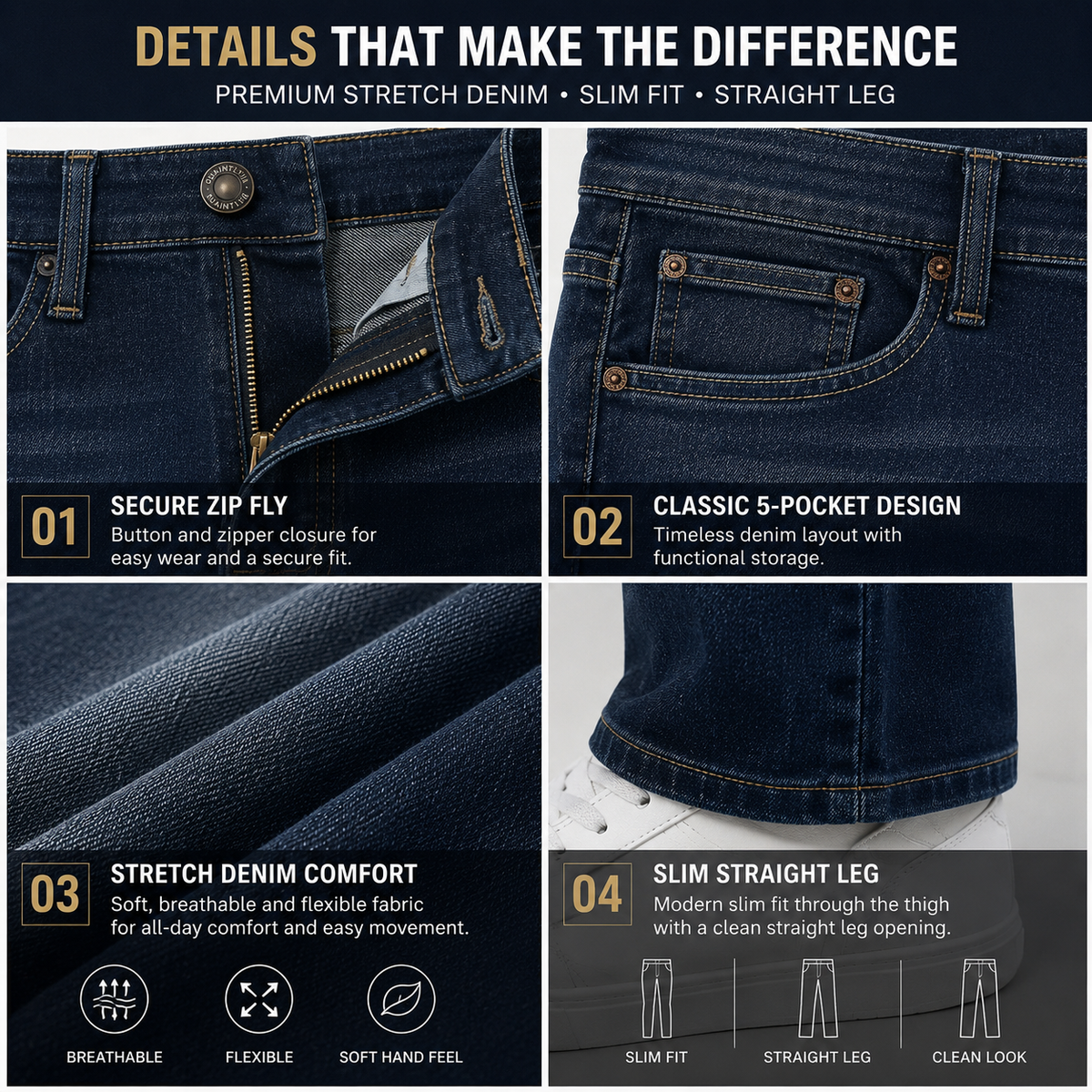 Men’s Stretch Slim-Fit Jeans - Detail Features