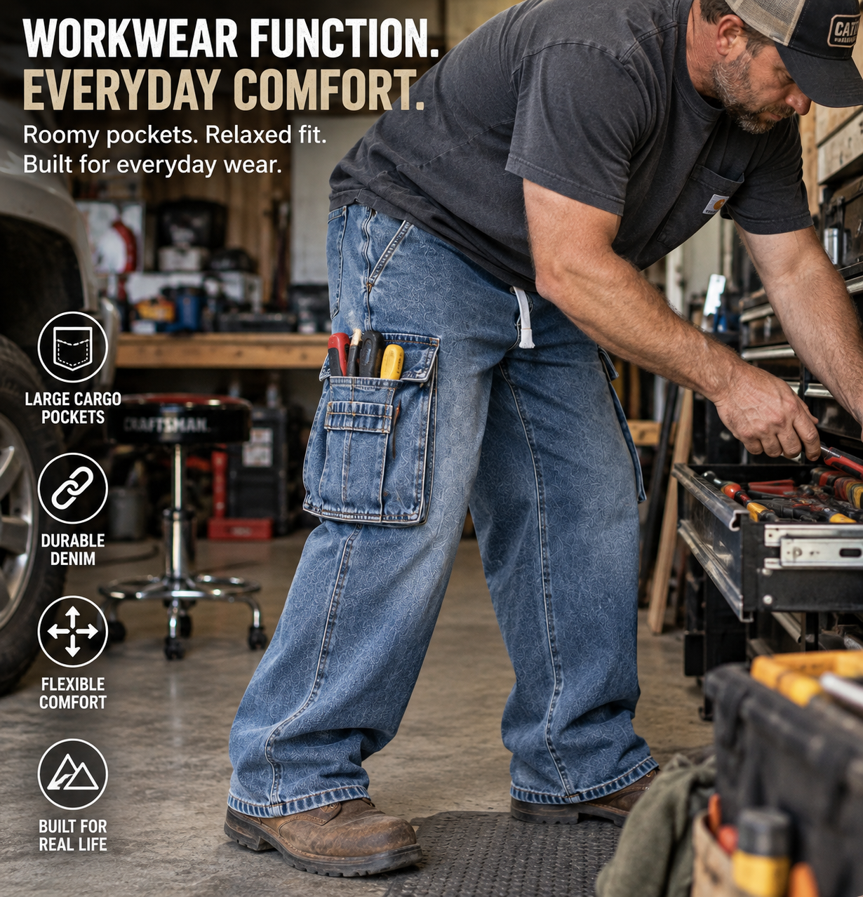 Men's oversized cargo denim workwear scene with utility tools
