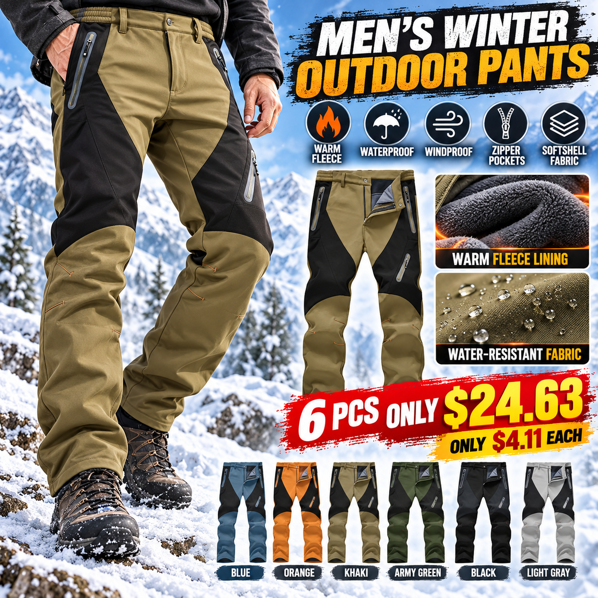 6-pack men's fleece-lined softshell winter outdoor pants