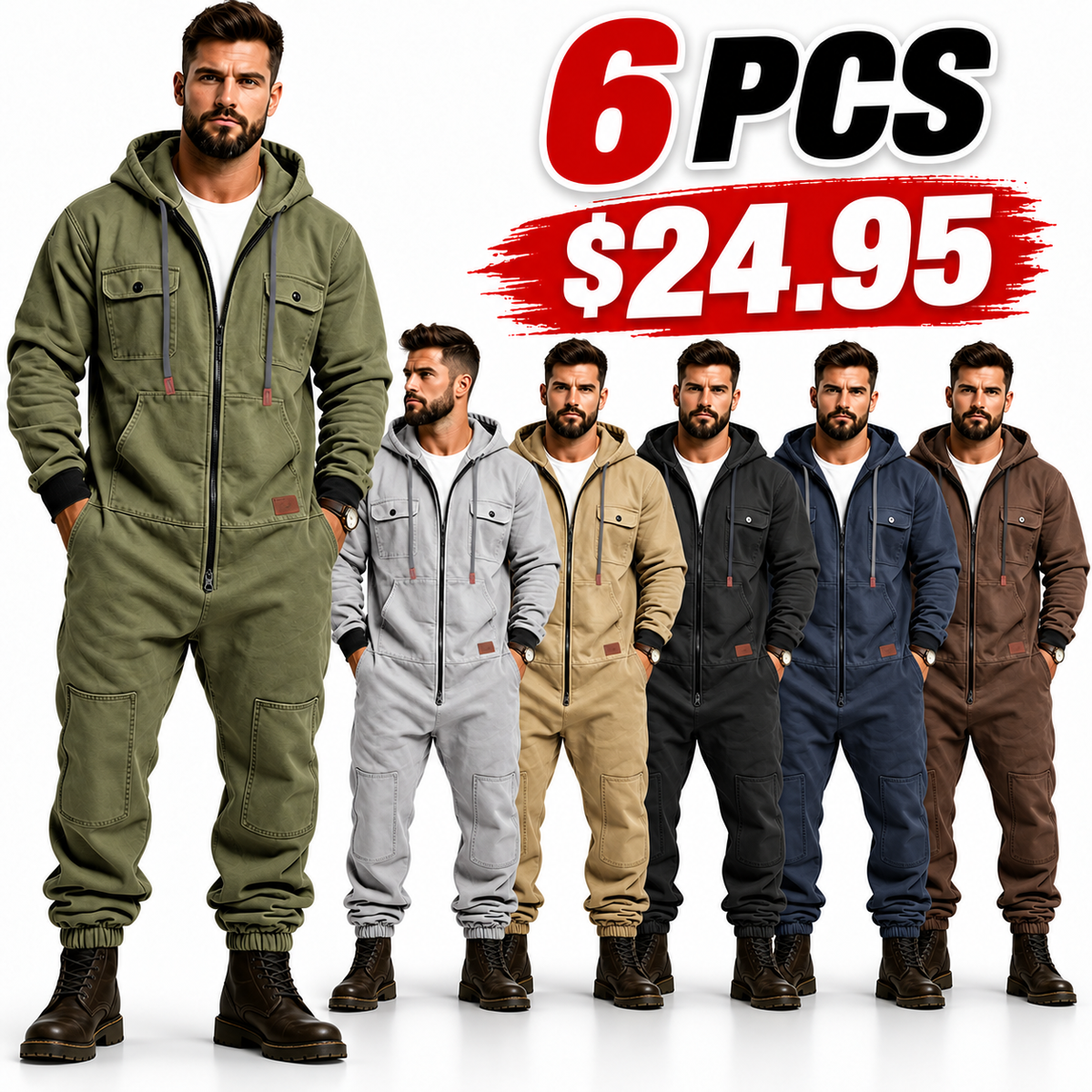 Men's hooded cargo utility jumpsuit – 6 PCS color bundle