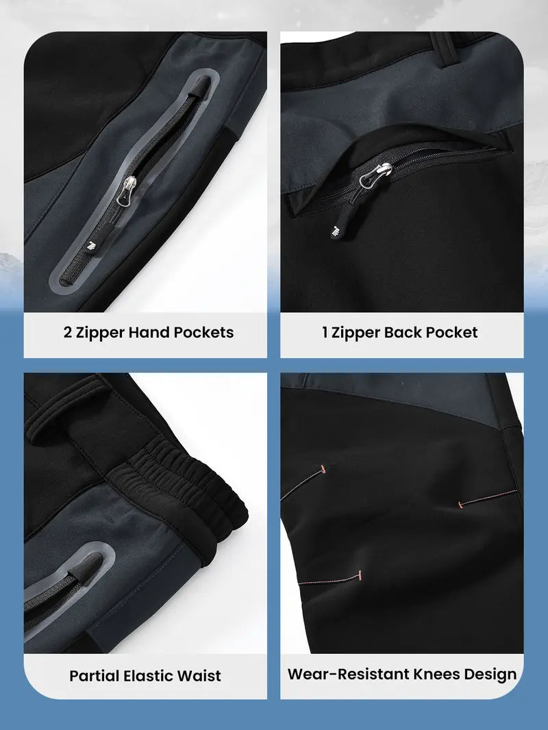 Winter outdoor pants zipper pockets elastic waist and reinforced knee details
