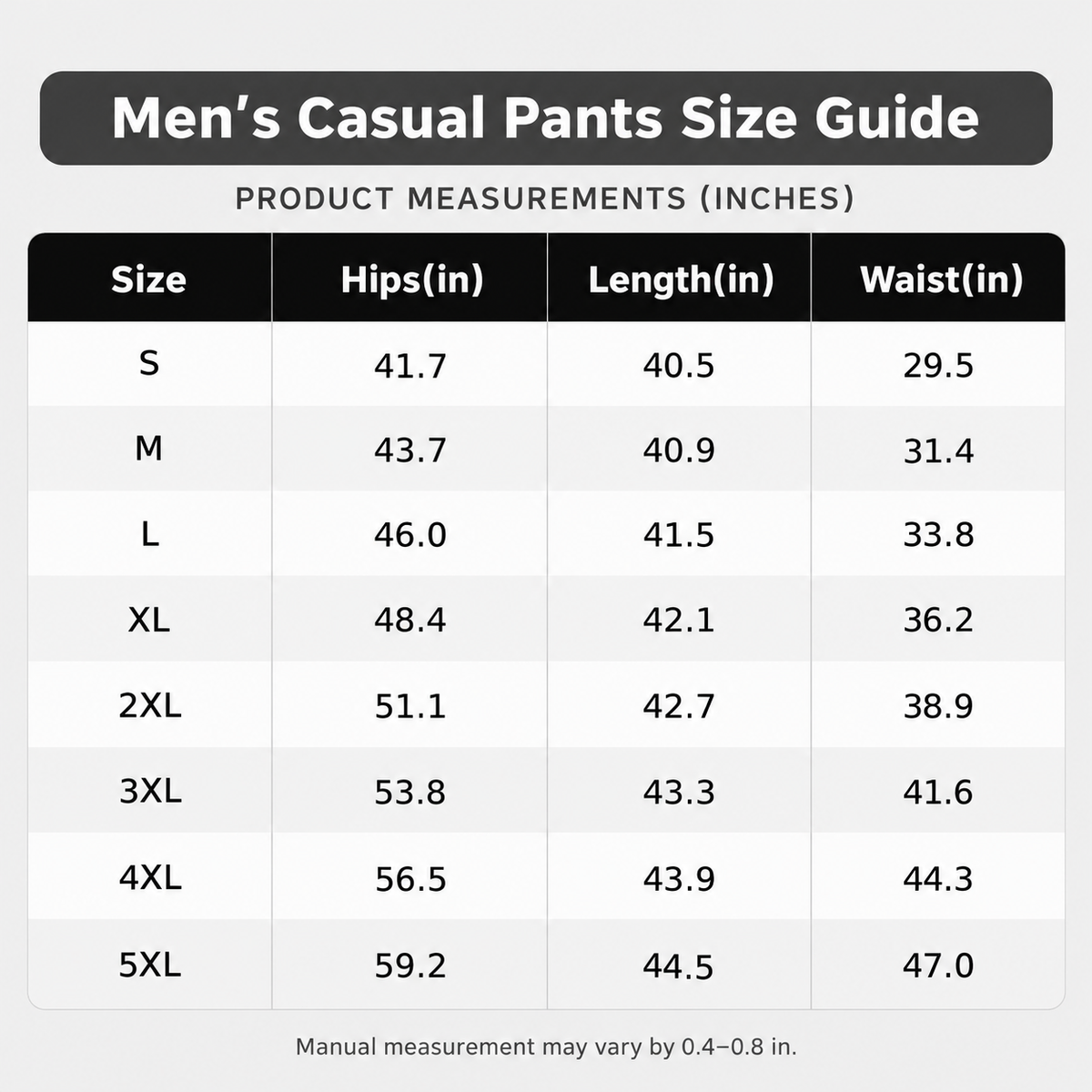 Men's straight-leg pants size guide S to 5XL