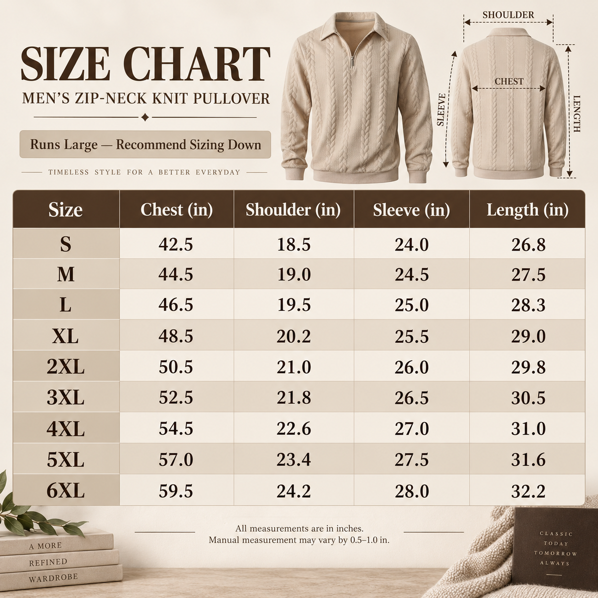 Men's textured half-zip polo sweater size guide S to 6XL