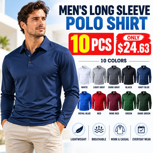 10-pack men's lightweight long sleeve polo shirts in ten colors