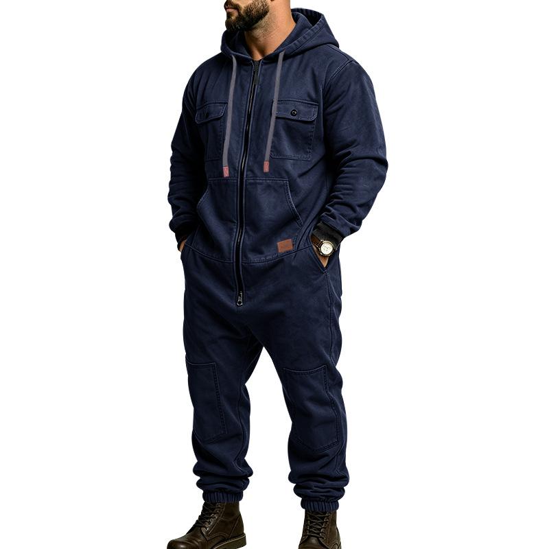 Men's navy hooded cargo utility jumpsuit