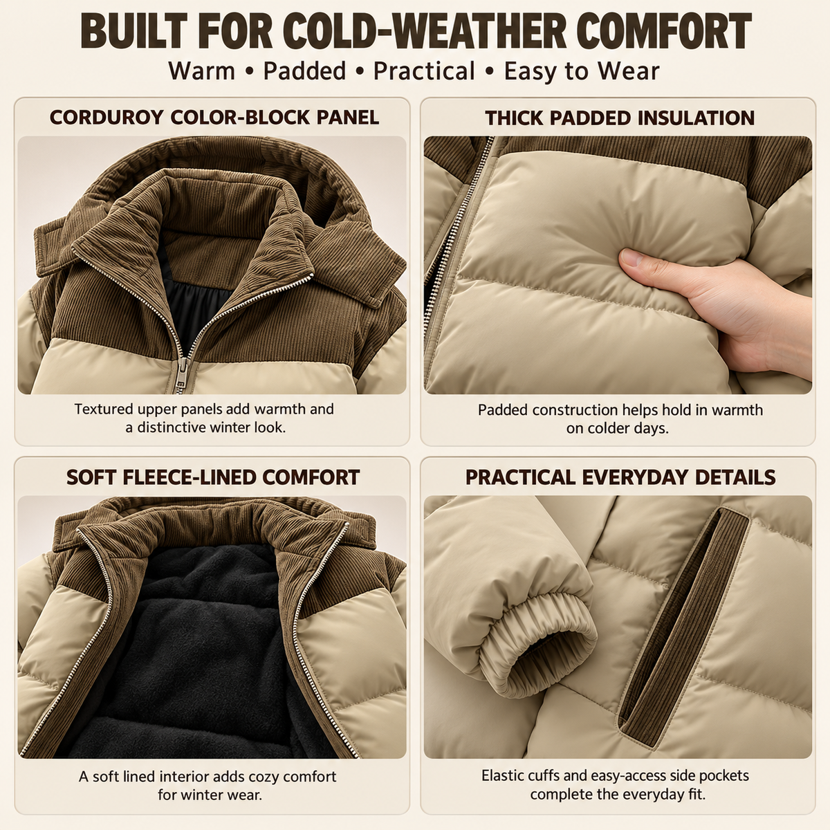 🔥 BESTSELLER | 3PCS $24.95 | Men's Fleece-Lined Color-Block Hooded Winter Jacket