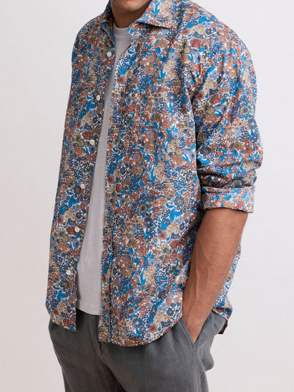 Soft And Comfortable Simple Blue Plant Print Shirt