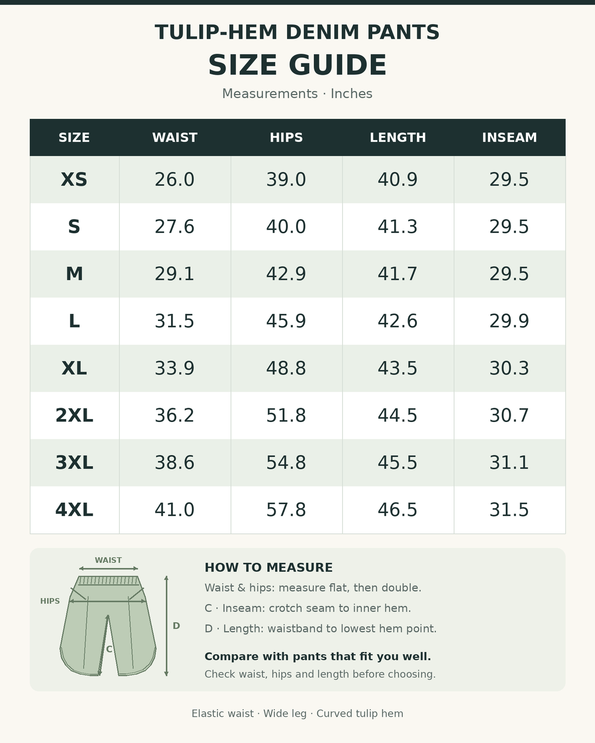 XS–4XL tulip-hem denim pants size guide in inches