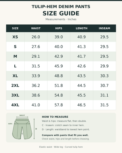 XS–4XL tulip-hem denim pants size guide in inches