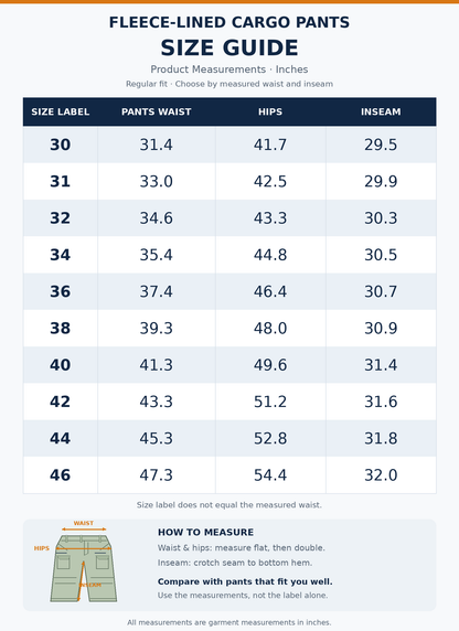 Cargo pants size chart, size labels 30–46