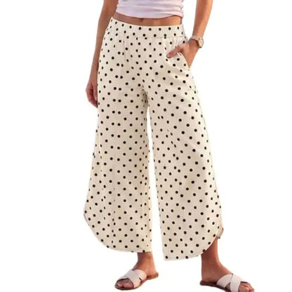 Cream and black polka dot pants front view