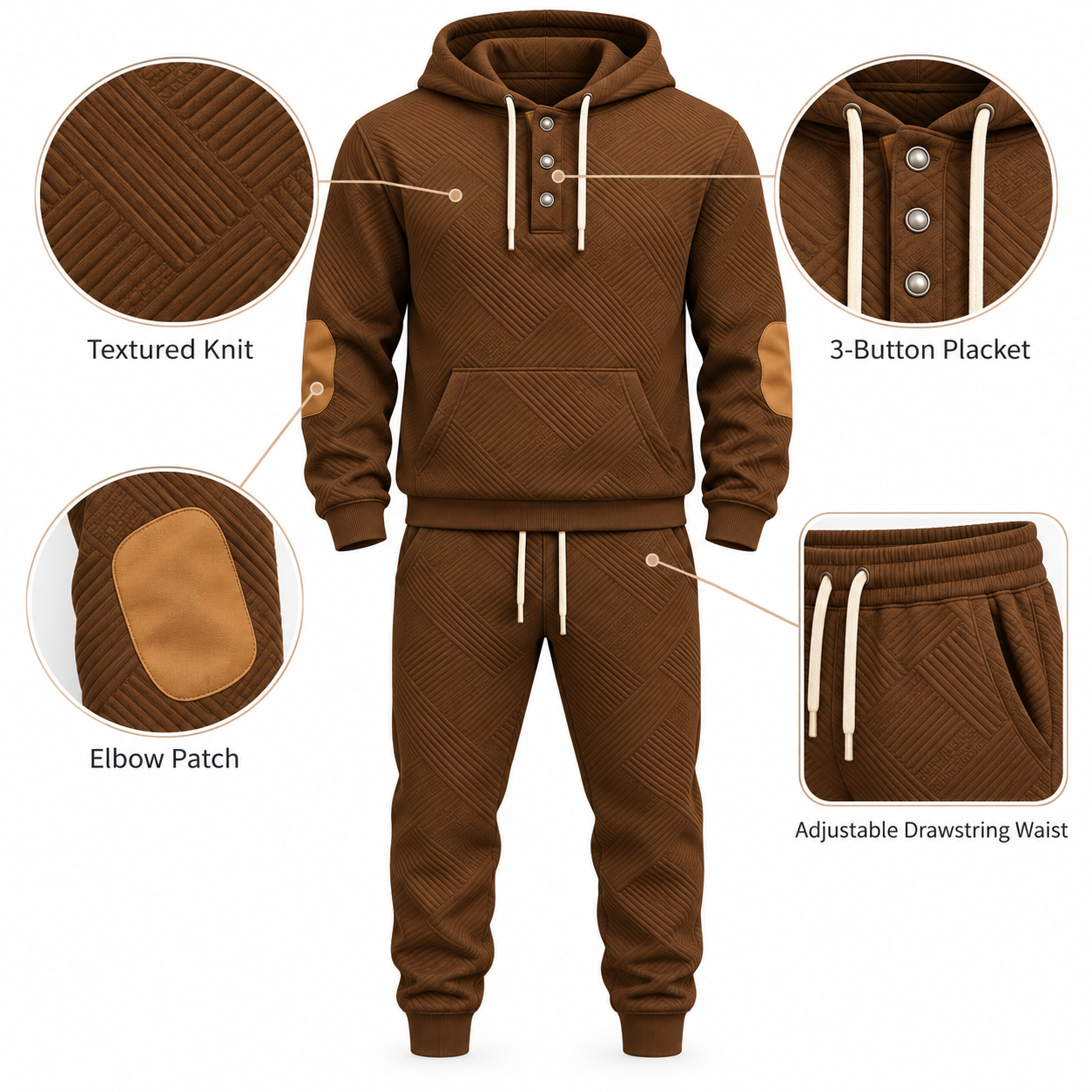Textured hoodie jogger set details including Henley placket elbow patch and drawstring waist