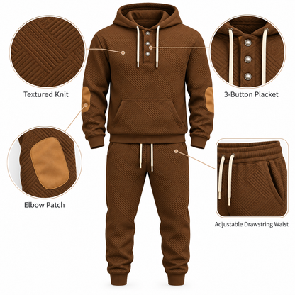 Textured hoodie jogger set details including Henley placket elbow patch and drawstring waist