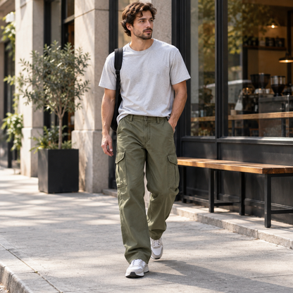 Man wearing olive cargo baggy pants in an everyday city setting