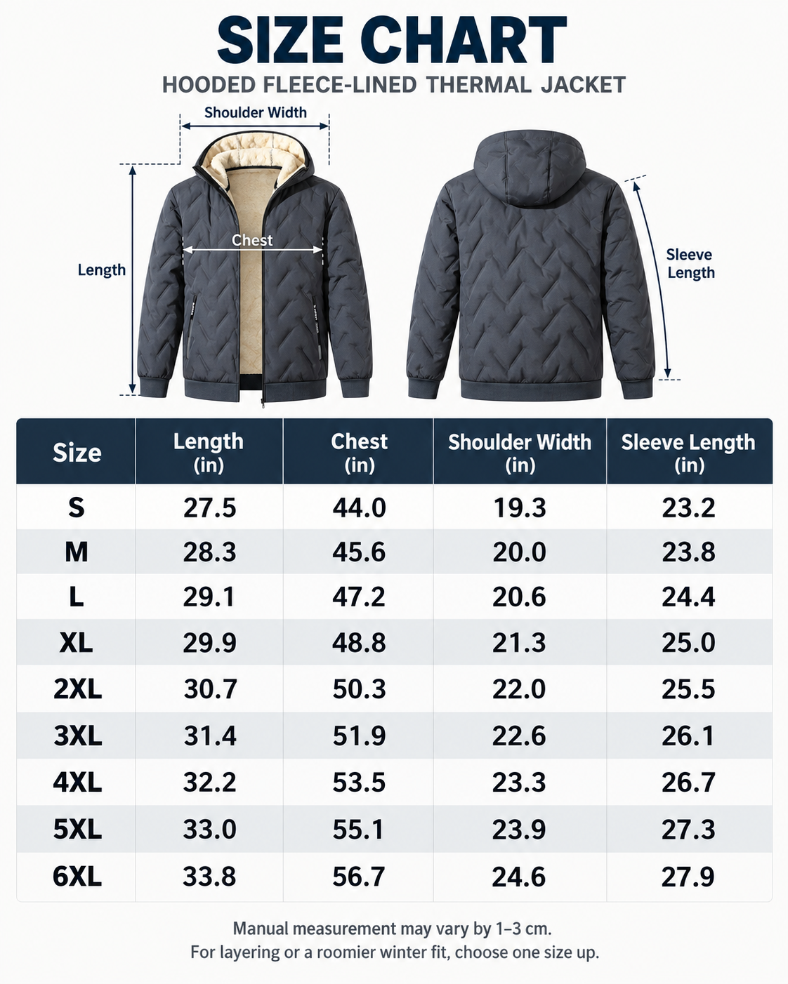 Men's hooded fleece-lined thermal jacket size guide S to 6XL