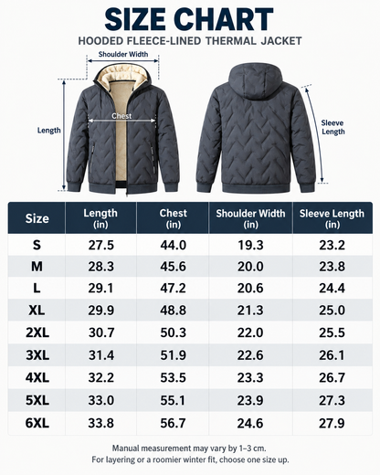 Men's hooded fleece-lined thermal jacket size guide S to 6XL