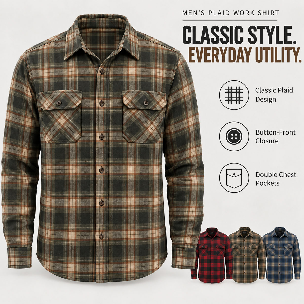 Men's plaid work shirt front view and key features