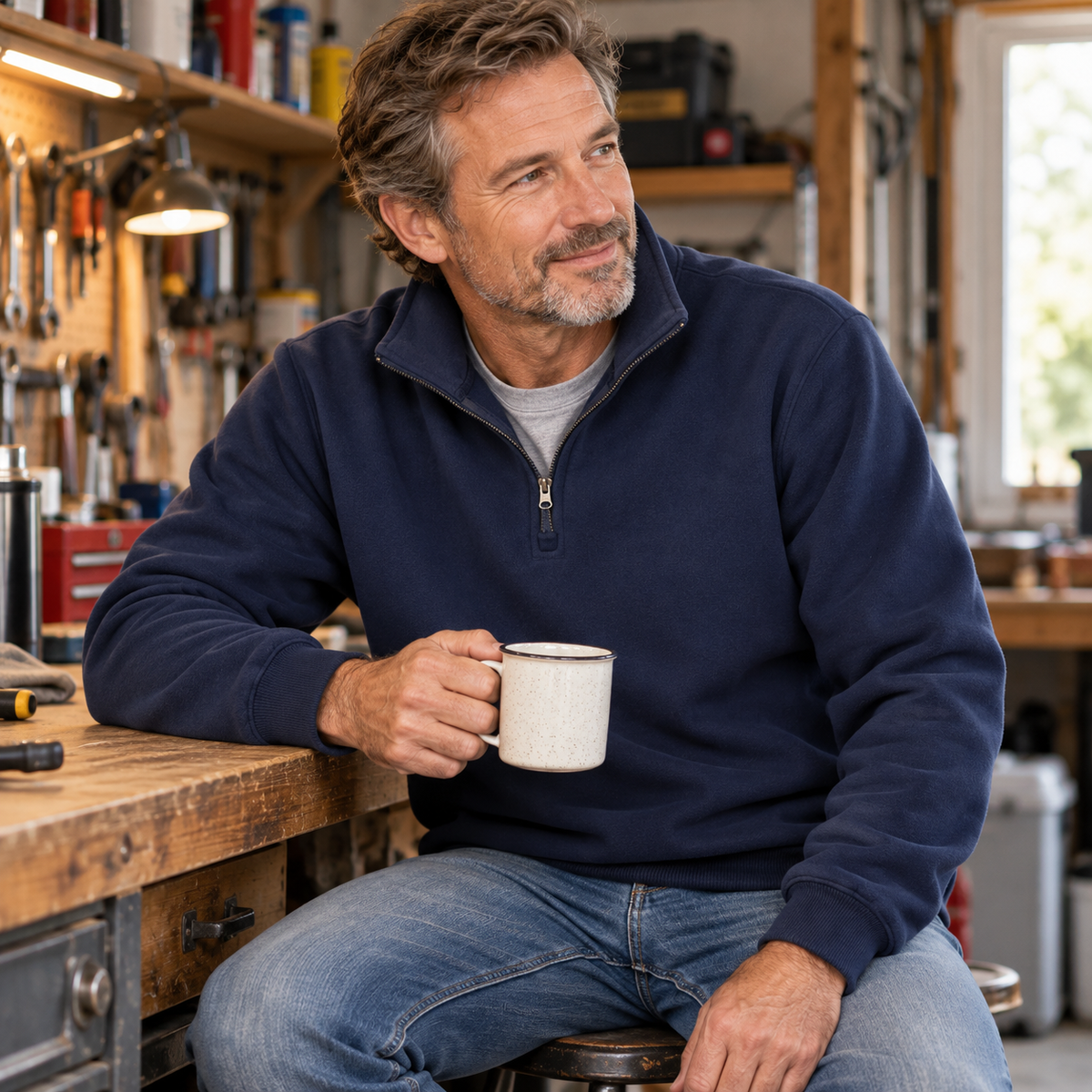 Men’s quarter-zip fleece sweatshirt model fit