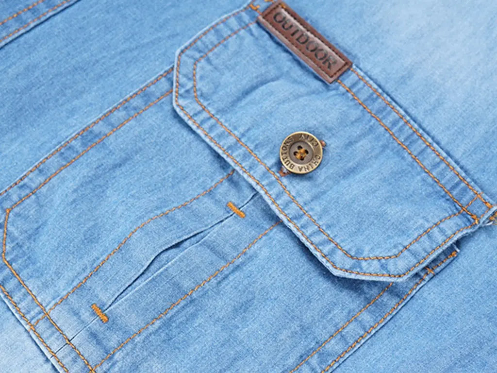 Denim work shirt chest pocket detail