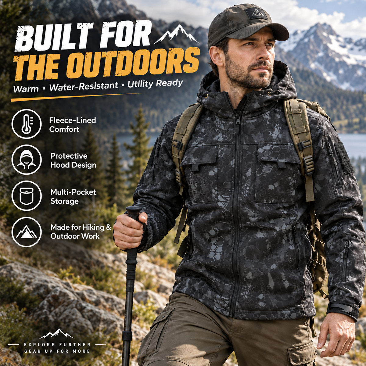 Tactical hooded jacket detail features