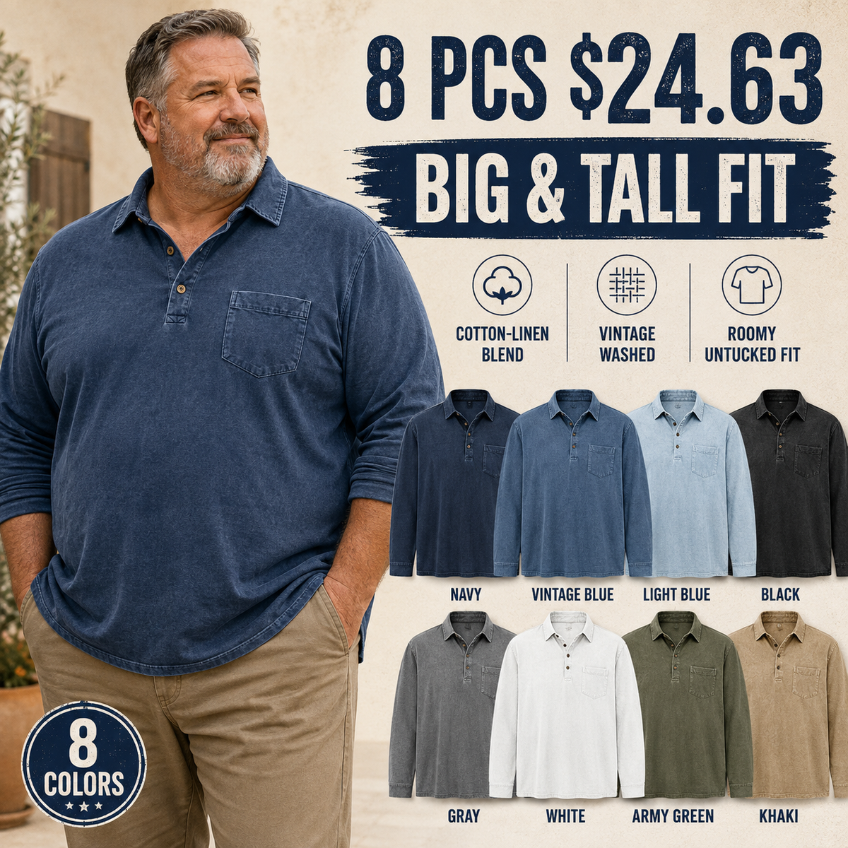 🔥 8PCS $24.63 | BIG & TALL FIT Men's Vintage Washed Cotton-Linen Long Sleeve Polo Shirts