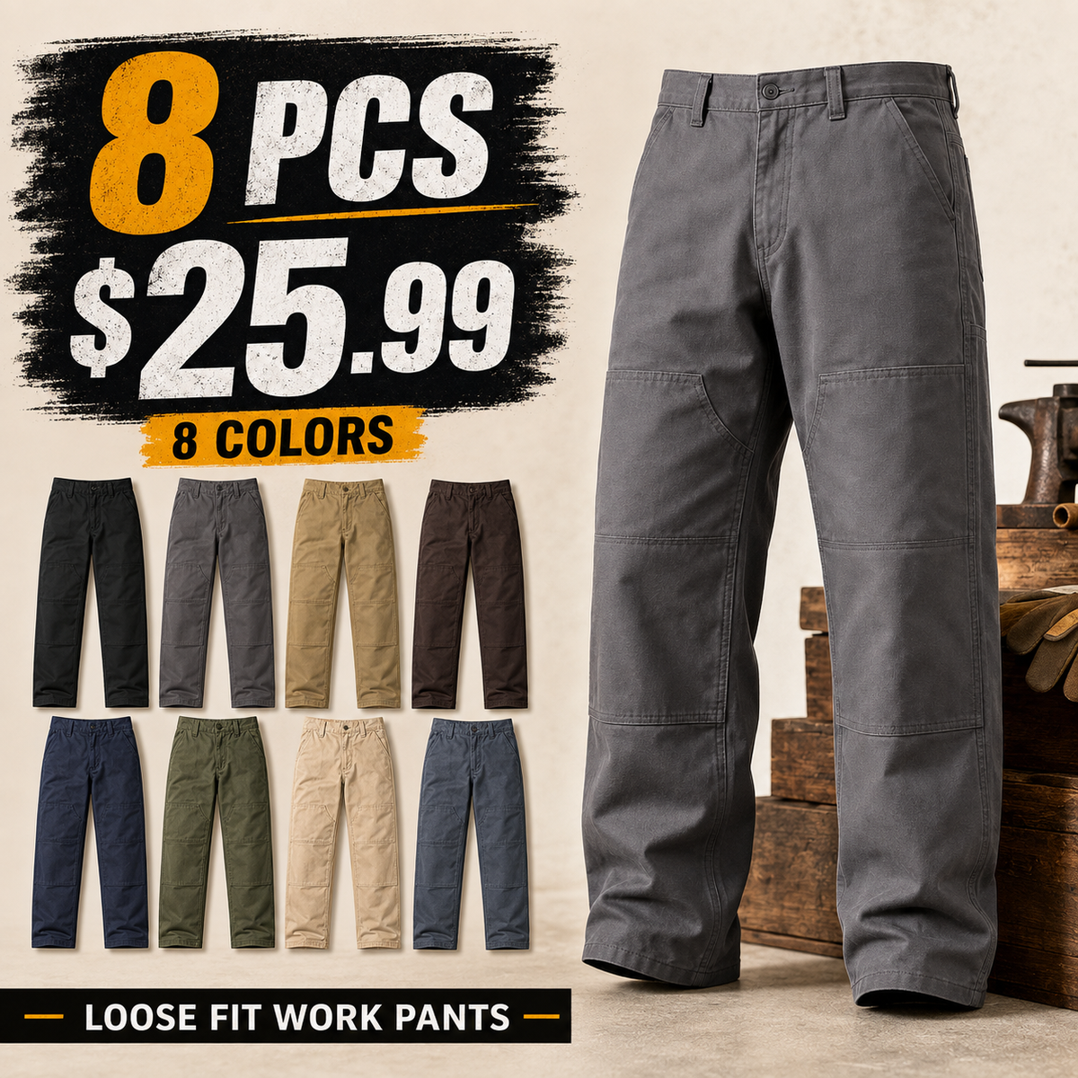🔥 8PCS $25.99 | Men’s Loose Fit Double-Knee Work Pants