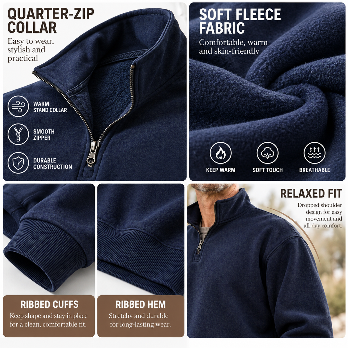 Quarter-zip collar fleece fabric ribbed cuff and hem details