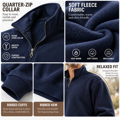 Quarter-zip collar fleece fabric ribbed cuff and hem details
