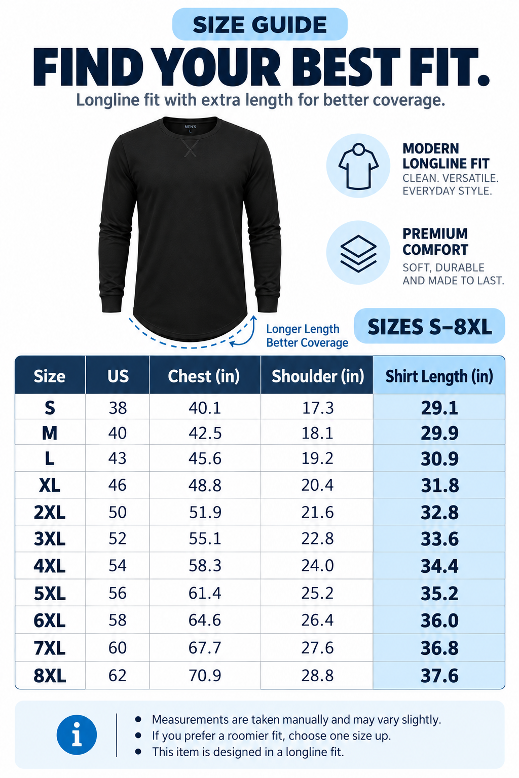 Men's longline crewneck T-shirt size guide S to 8XL