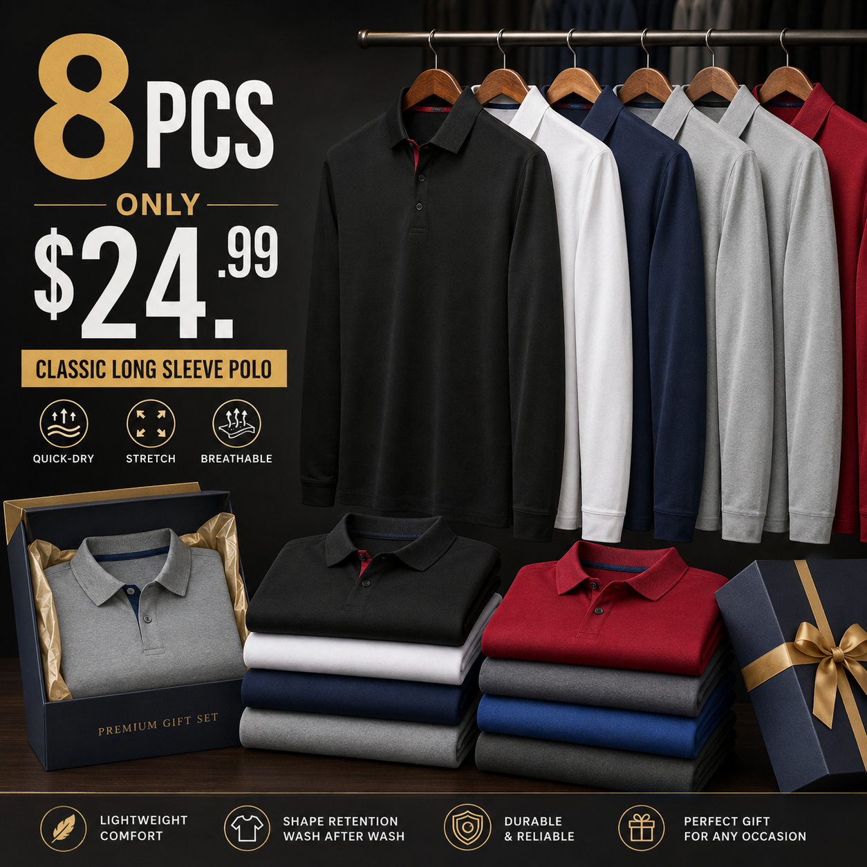 🔥 BEST SELLER | 8PCS $24.99 | Men’s Quick-Dry Long Sleeve Polo Shirts for Golf & Work