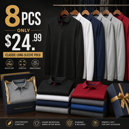 🔥 BEST SELLER | 8PCS $24.99 | Men’s Quick-Dry Long Sleeve Polo Shirts for Golf & Work