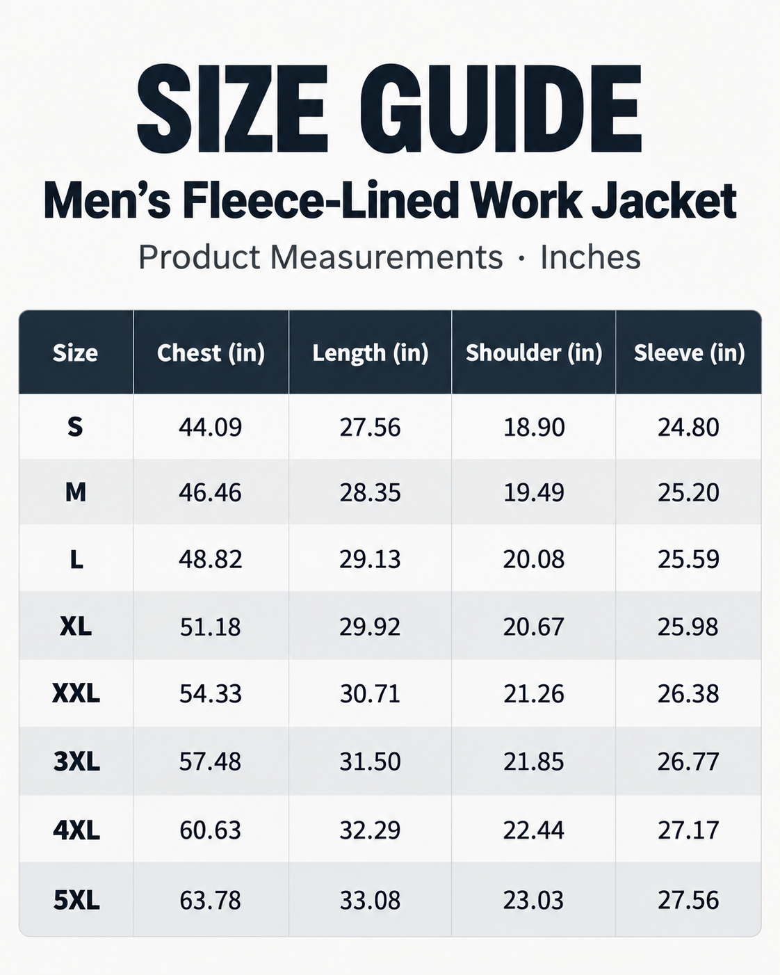 Men's fleece-lined work jacket size guide S through 5XL