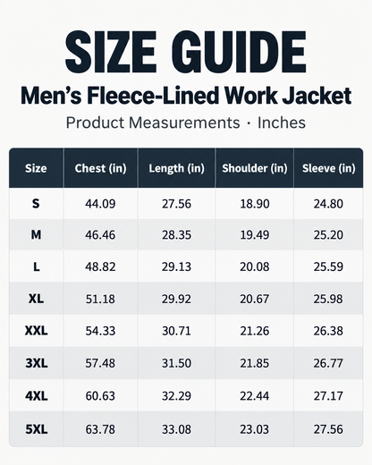 Men's fleece-lined work jacket size guide S through 5XL