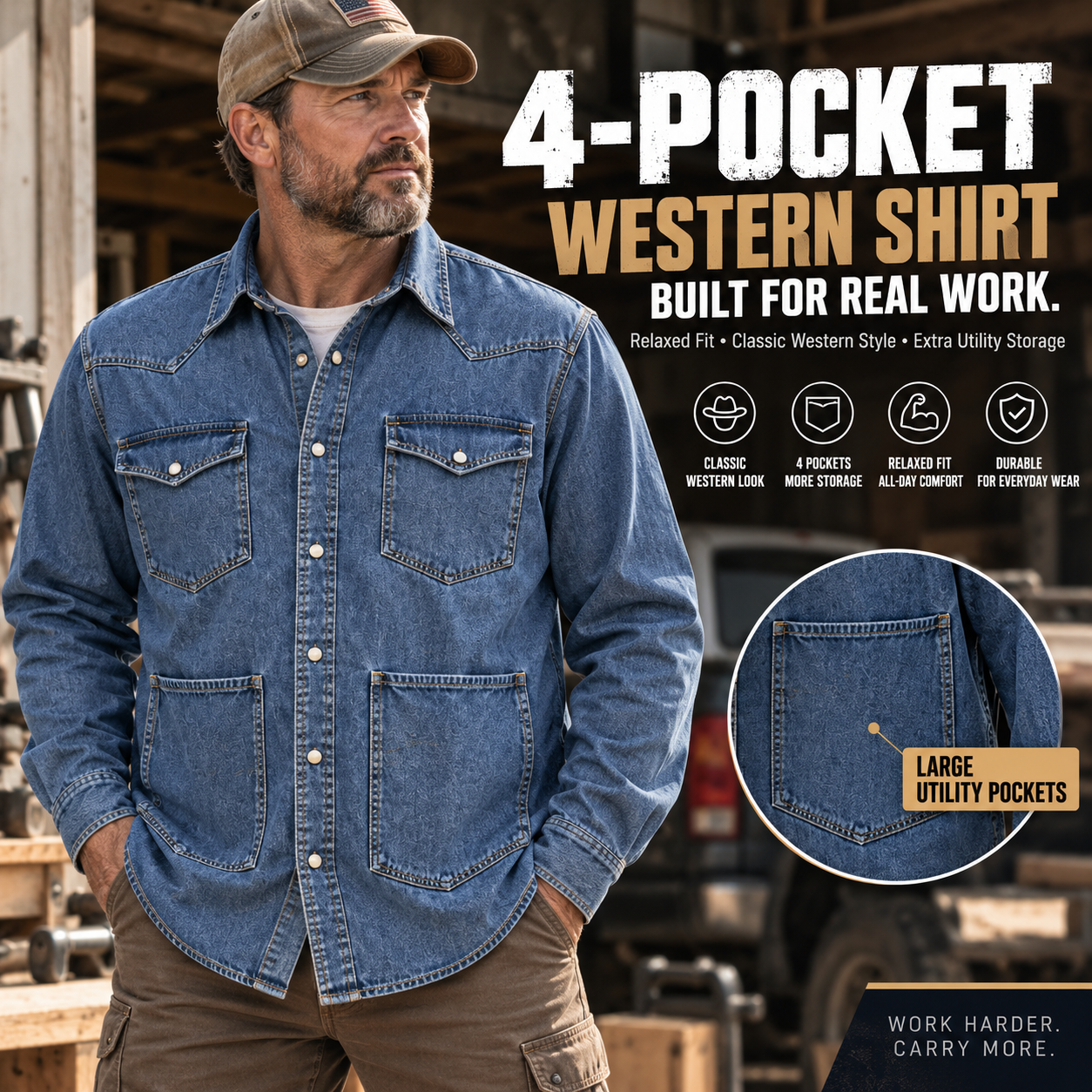 Men wearing the 4-pocket Western utility work shirt in a workshop