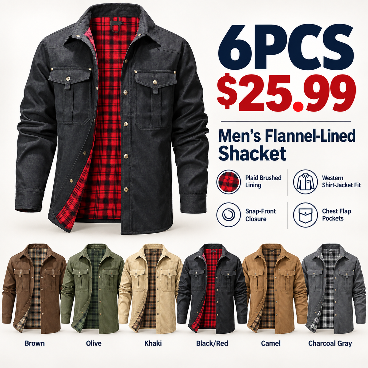 🔥 BESTSELLER | 6PCS $25.99 | Men's Flannel-Lined Western Shacket