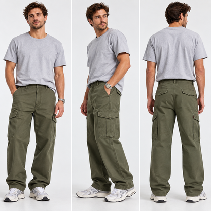 Men's cargo baggy fit pants front side and back views