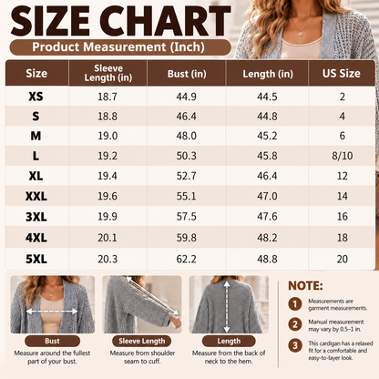 Women's long cardigan size chart XS to 5XL