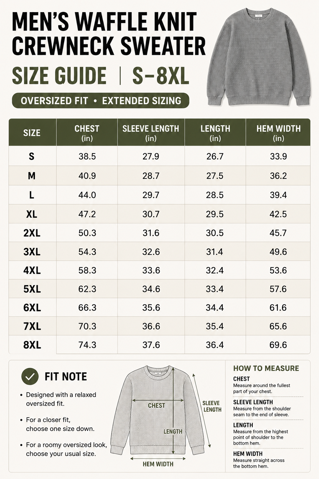 Men's Waffle Knit Crewneck Sweater Size Guide S to 8XL