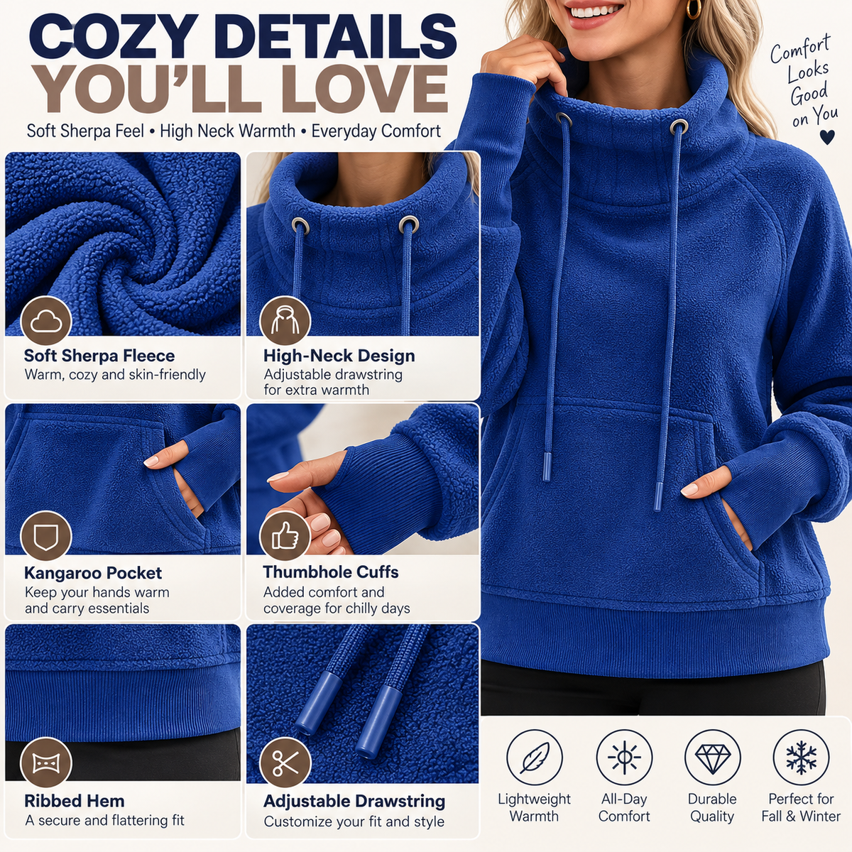 High-neck fleece pullover cozy detail features