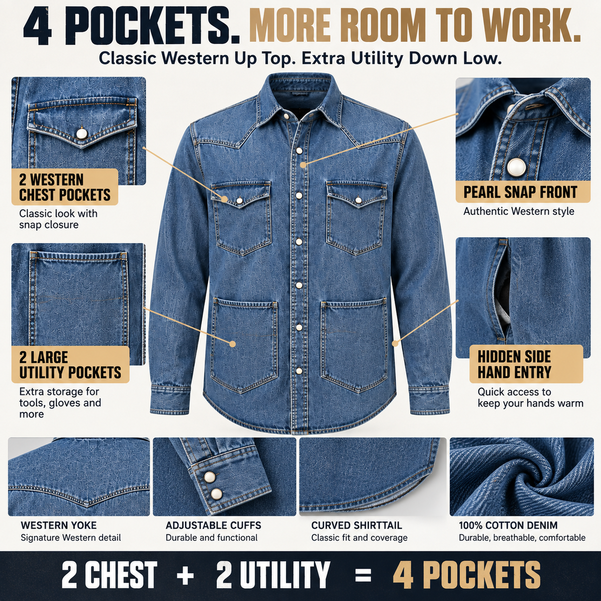 4-pocket Western shirt design details with chest and lower utility pockets