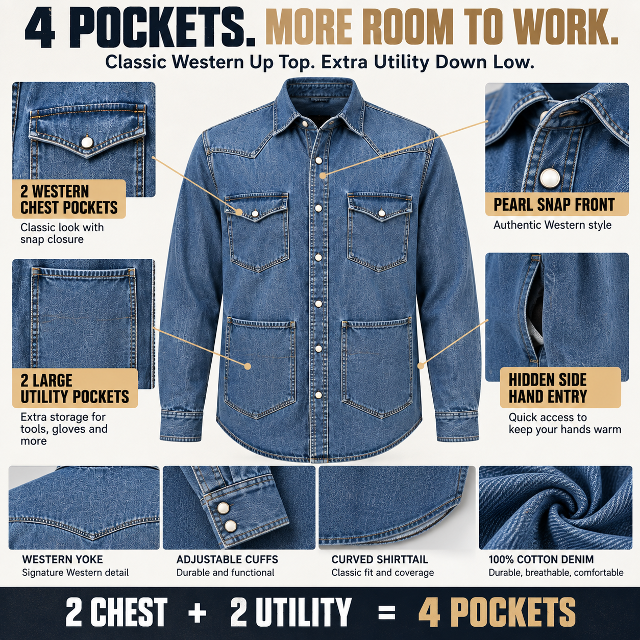 4-pocket Western shirt design details with chest and lower utility pockets