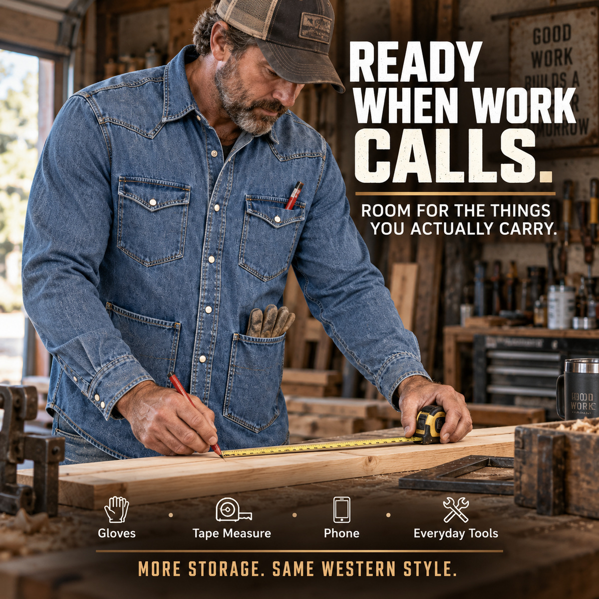 Western utility work shirt in an active woodworking scene