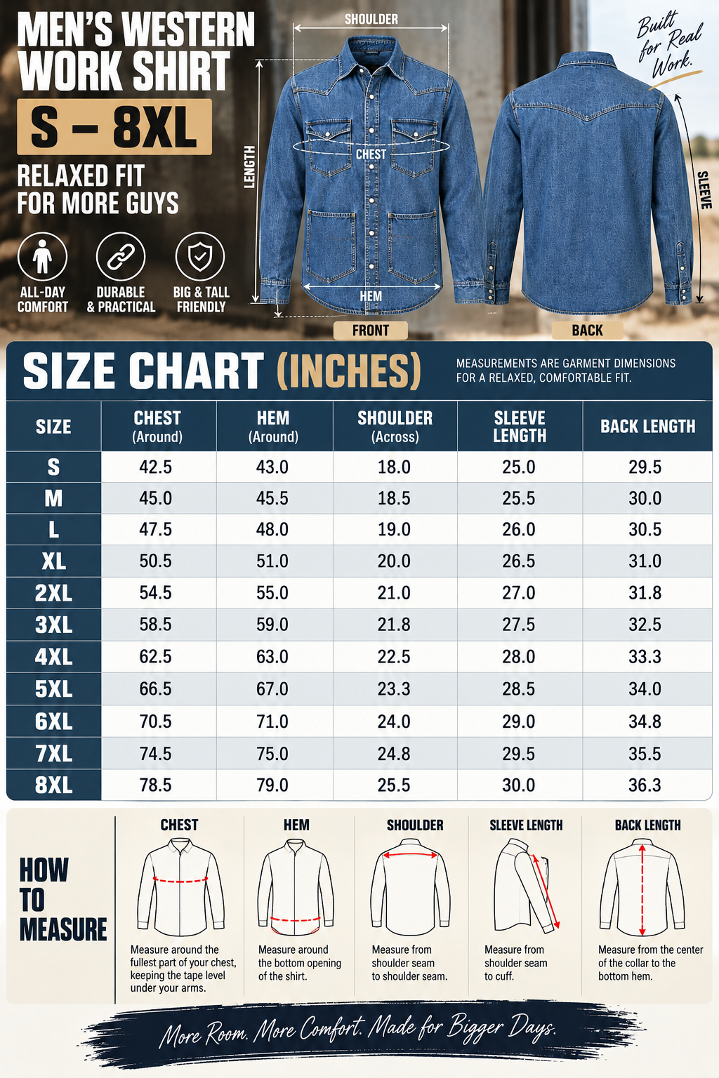 Men's western work shirt size chart from S to 8XL in inches