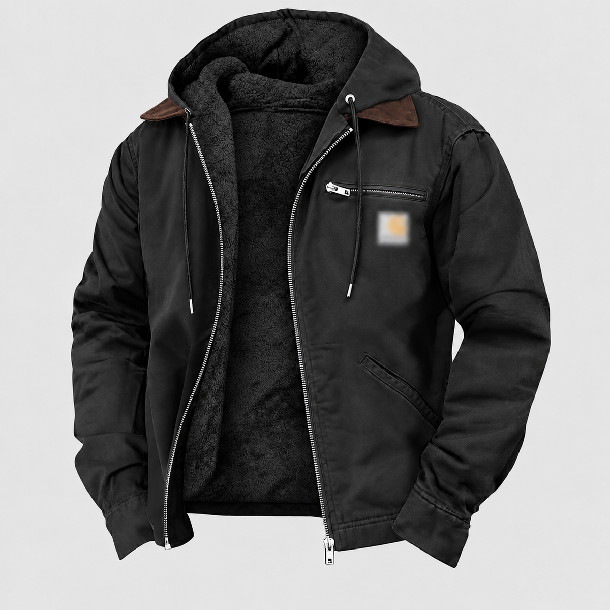 Men's Black fleece-lined hooded work jacket
