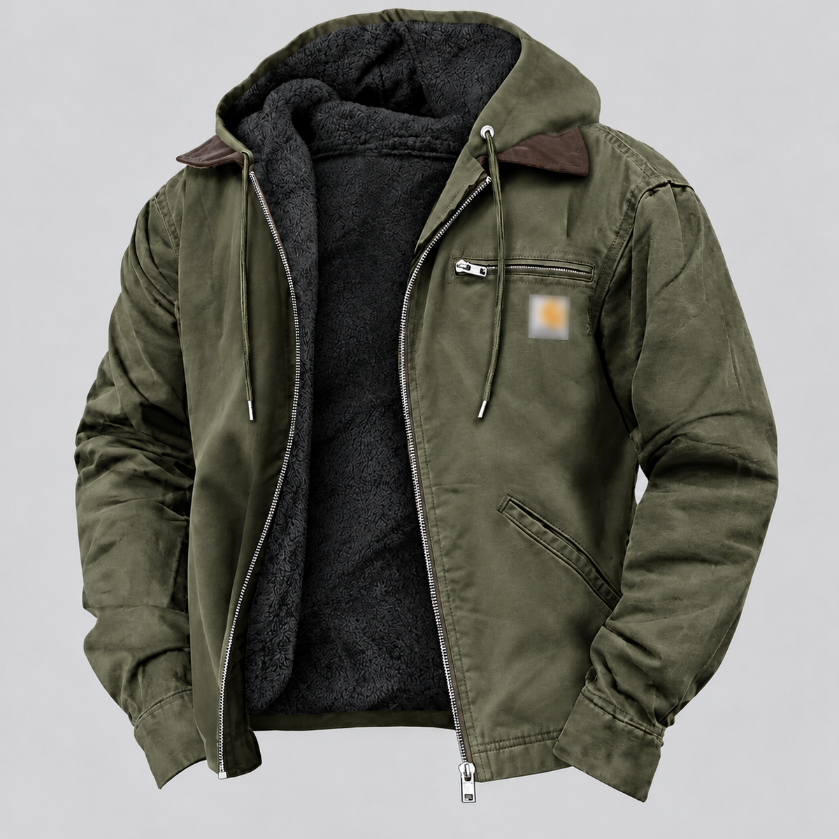 Men's Military Green fleece-lined hooded work jacket