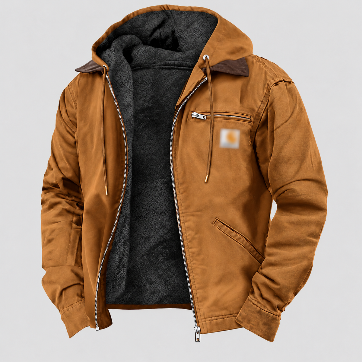 Men's Camel fleece-lined hooded work jacket