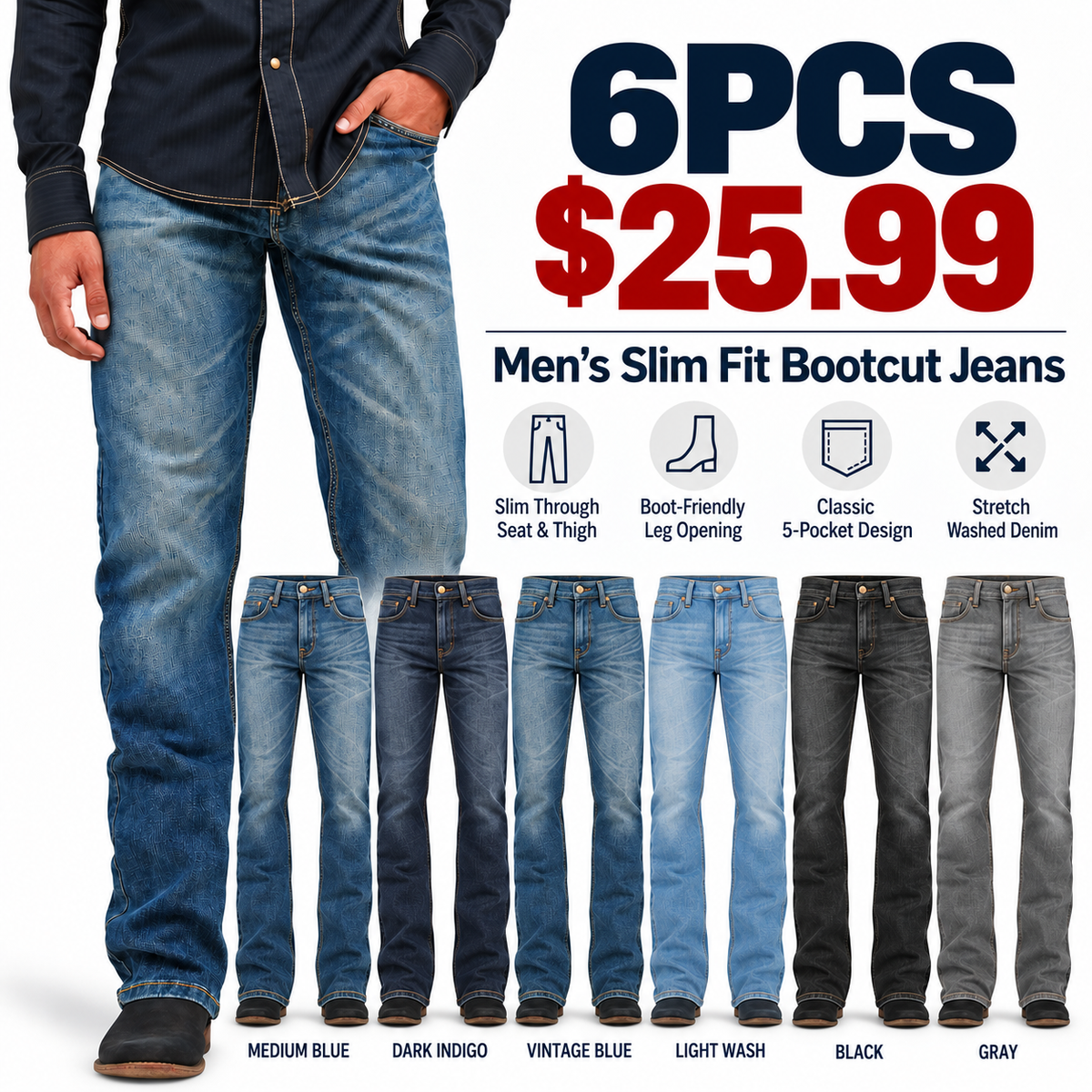 🔥 BESTSELLER | 6PCS $25.99 | Men's Retro® Slim Fit Bootcut Jeans- Layton Classic Denim