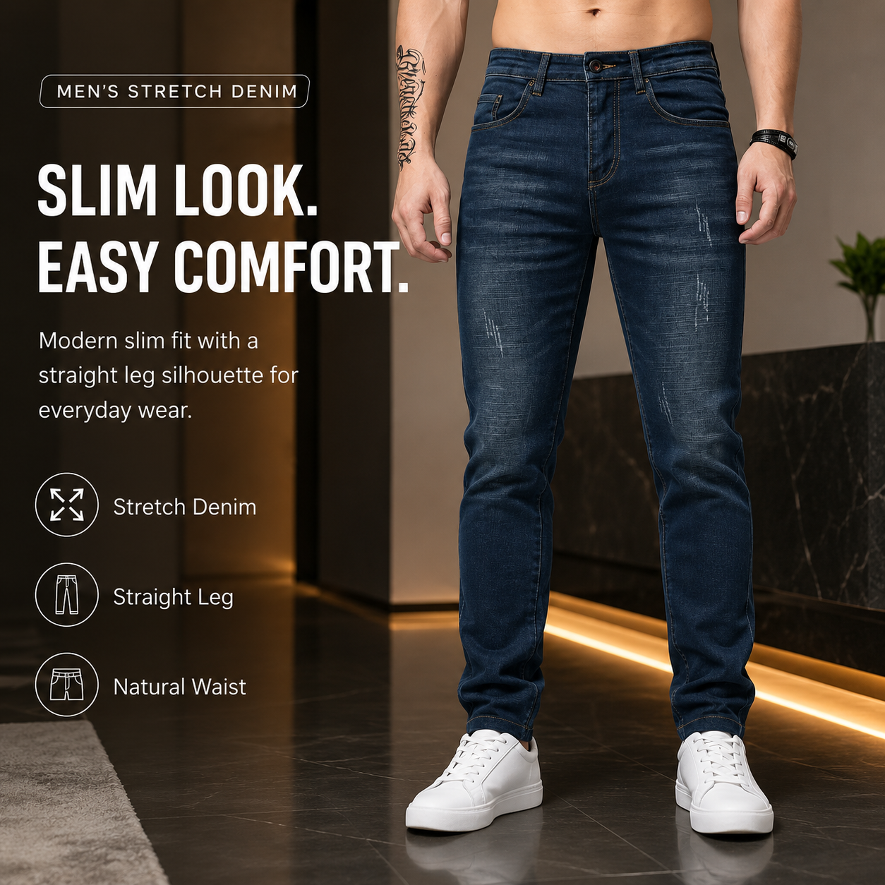 Men’s Stretch Slim-Fit Straight Leg Jeans - Front Fit