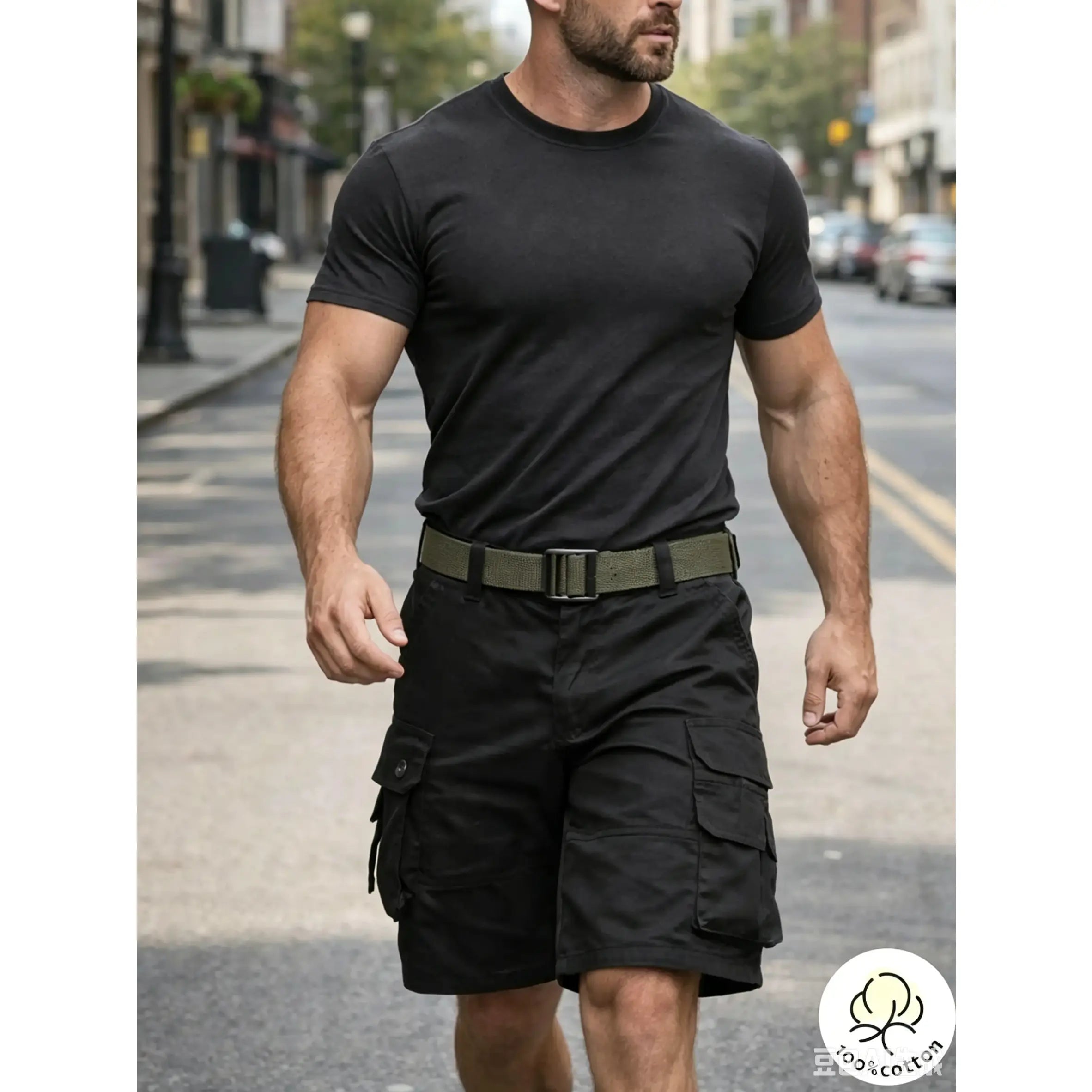 Men wearing black multi-pocket cargo shorts